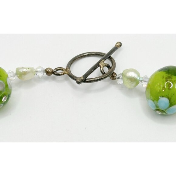 Green Lampwork Glass Beaded Necklace With Dyed Freshwater Pearls - Picture 5 of 5